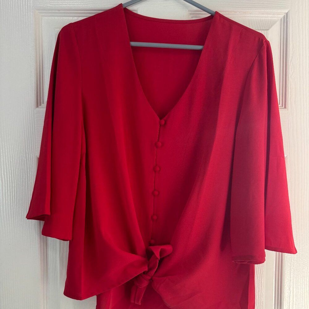 Red tie front blouse